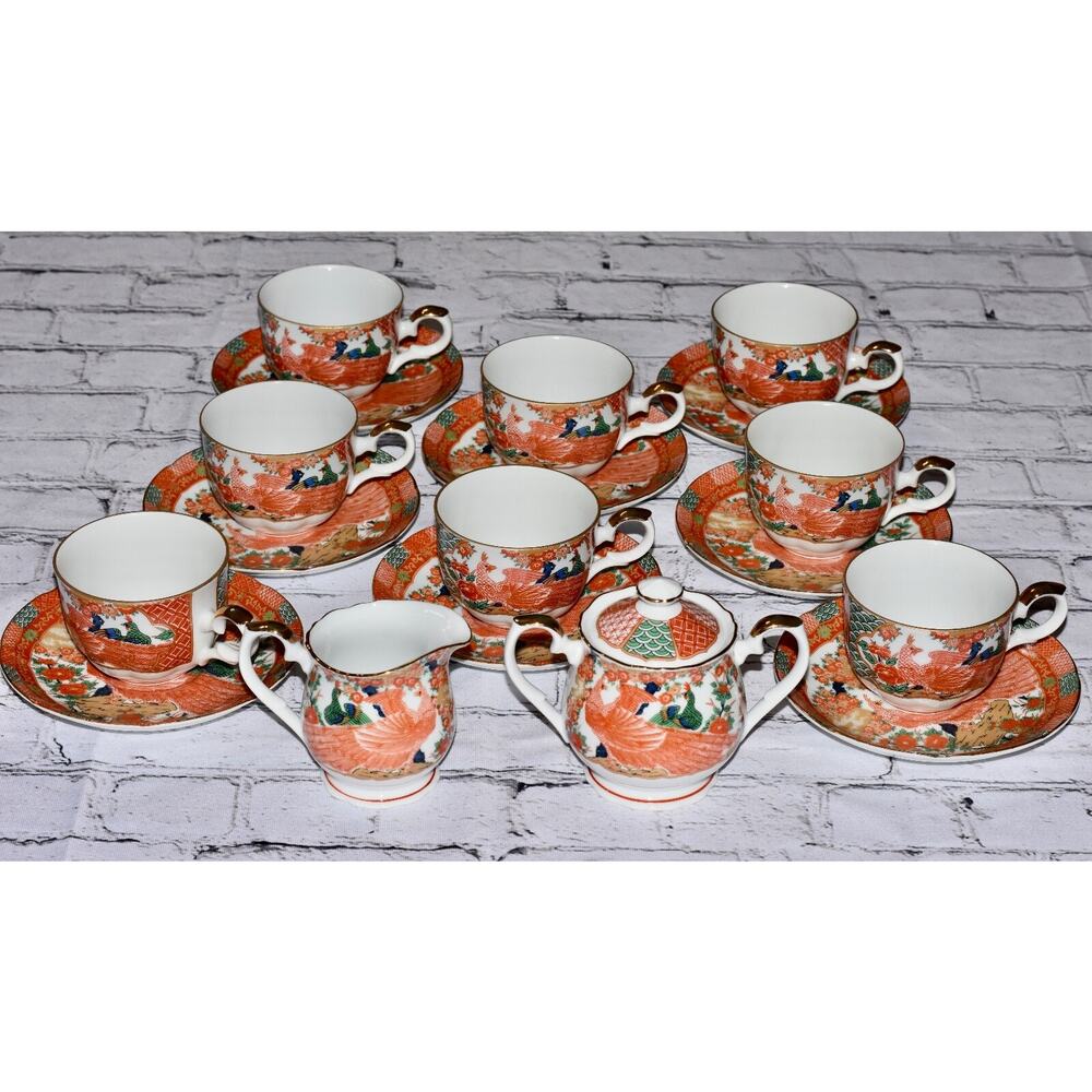 Japanese Arita Imari Peacock Porcelain Scalloped Coupe Fine China 19pc Tea Set